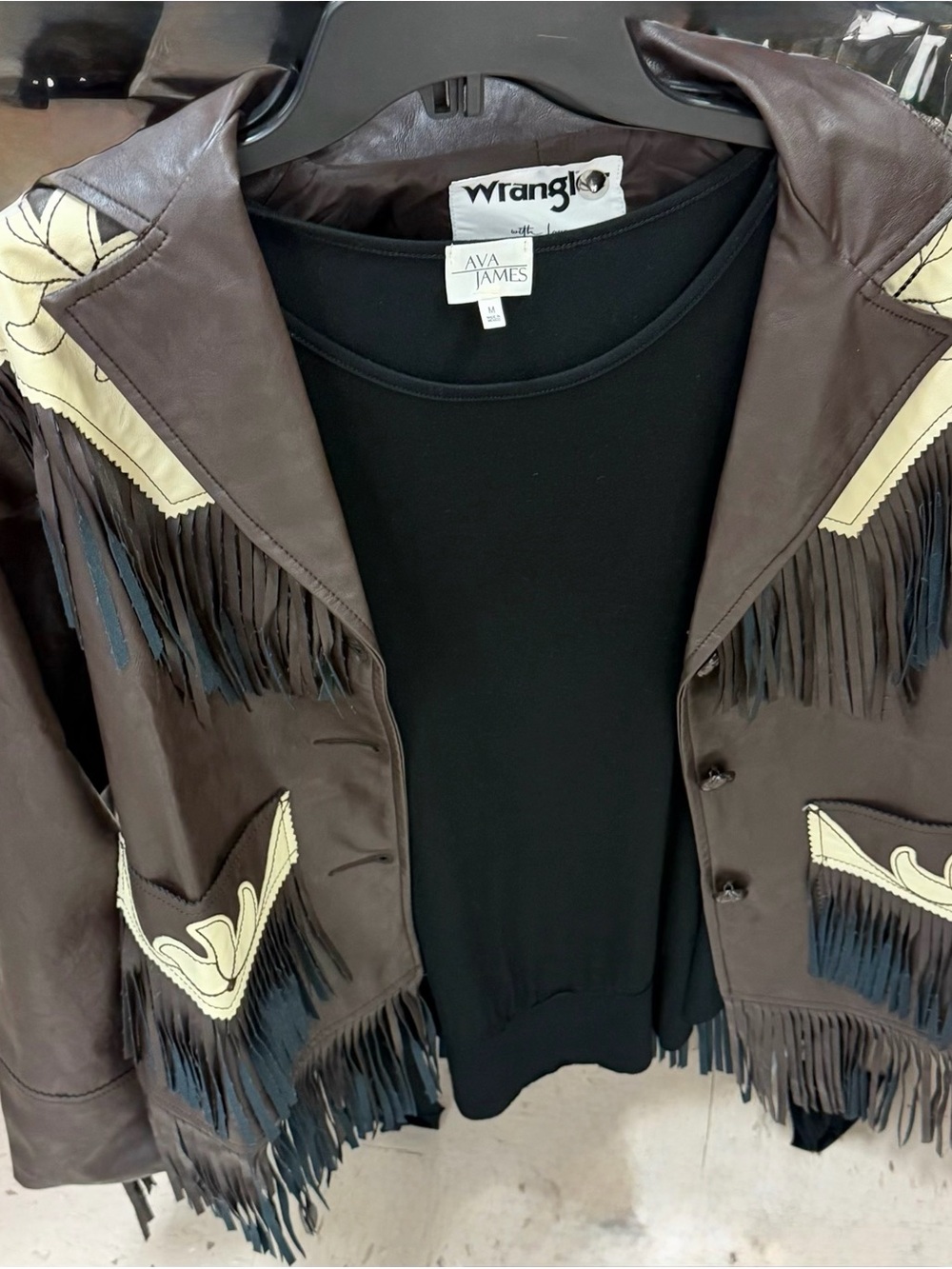 Wrangler Brown Leather Fringe Jacket with Cream Appliqué